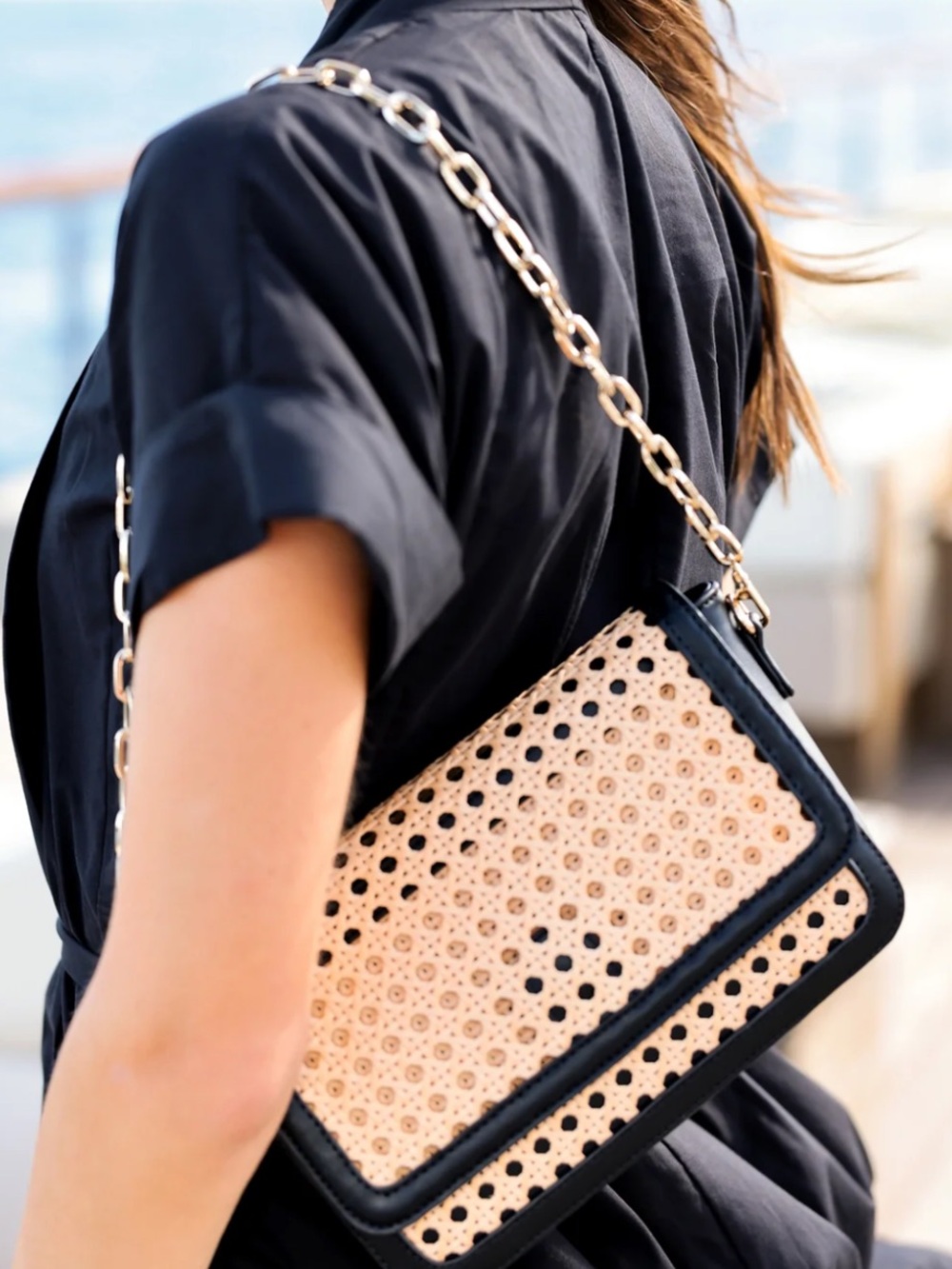 Woven Shoulder Bag in Beige and Black